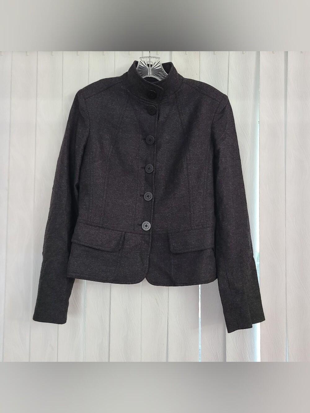 Burberry London Sz 6 Charcoal Gray Fitted Stand Collar Wool Blend Blazer Jacket